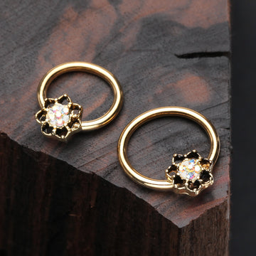 Detail View 1 of Golden Lotus Filigree Multi-Gem Sparkle Captive Bead Ring-Aurora Borealis